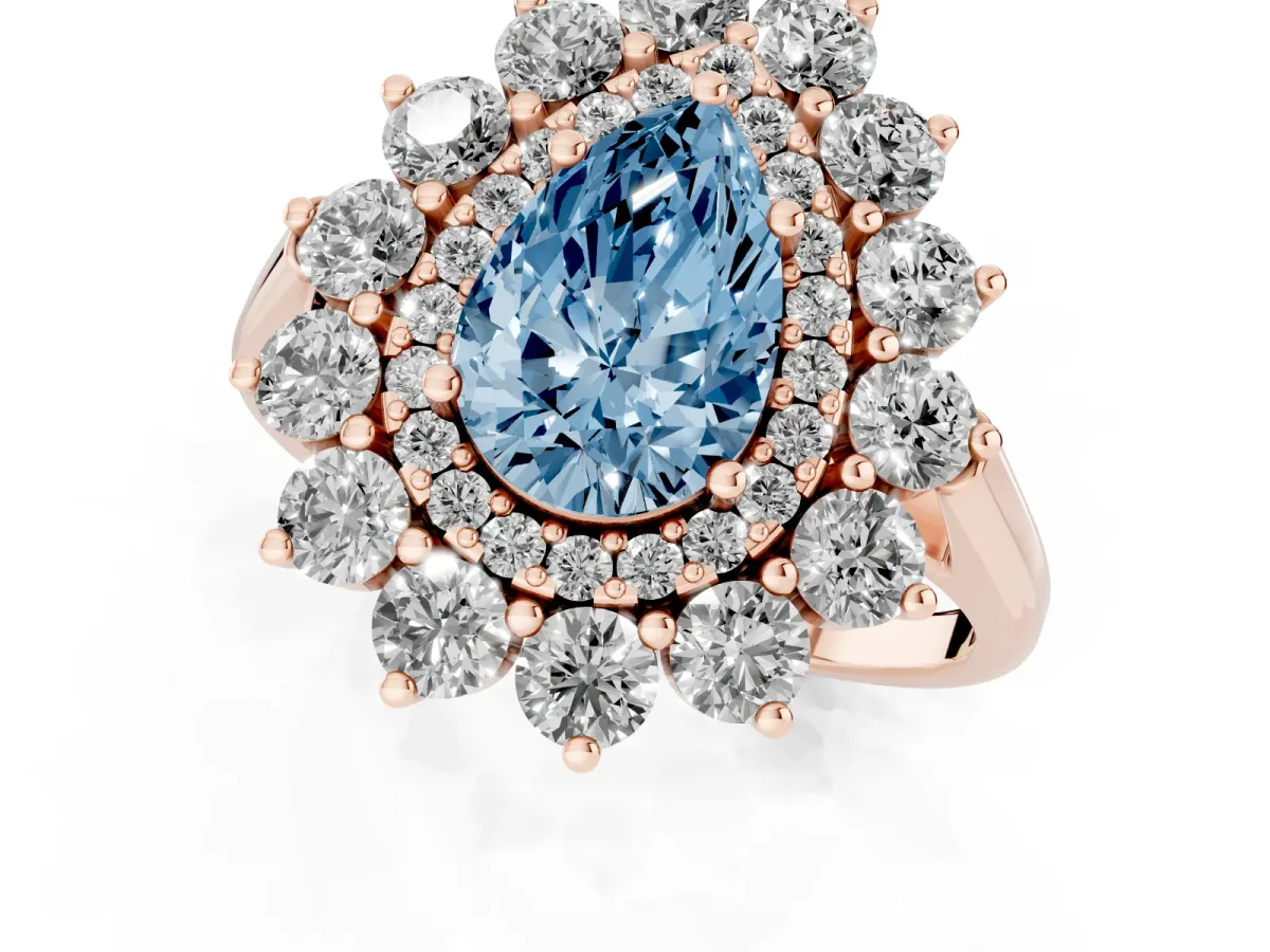 Fancy Blue Pear Cut Diamond Floral Double Halo Engagement Ring with Prong Setting Rose gold