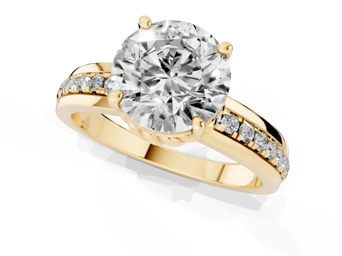 Round Cut Solitaire Diamond Ring with Channel Set Band and Six-Prong Setting Yellow gold