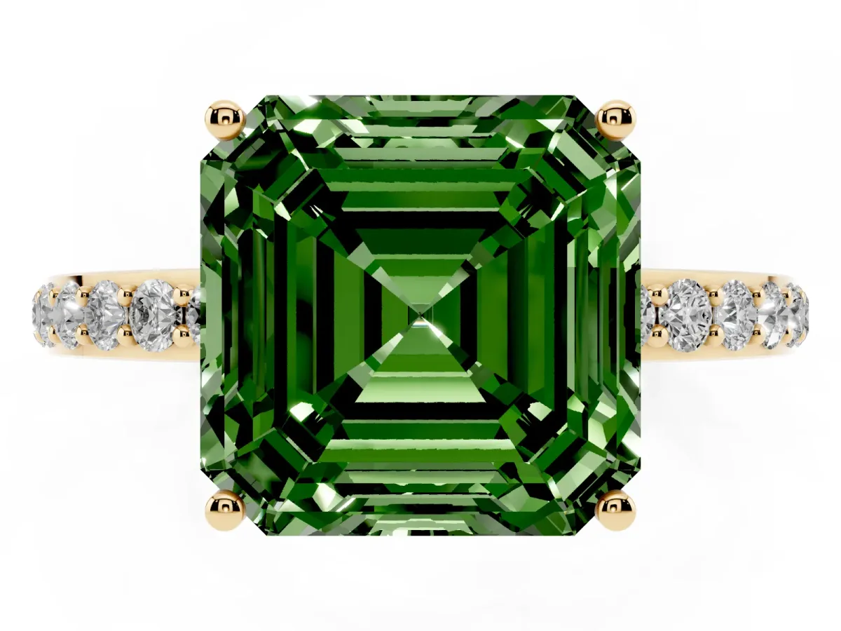 Fancy Green Asscher Cut Diamond Solitaire Ring with Pavé Band and Hidden Halo Yellow gold