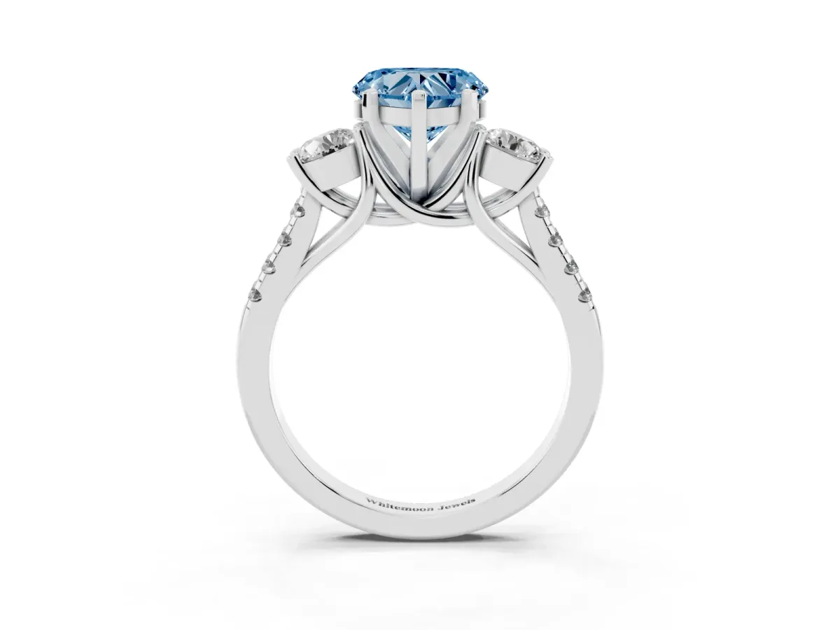 Fancy Blue Three-Stone Heart Cut Diamond Pavé Band with Four-Prong Setting Silver