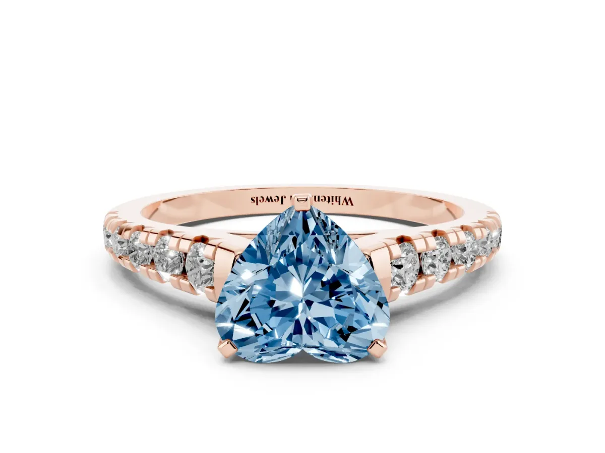 Fancy Blue Heart Cut Diamond Cathedral Solitaire Ring with Round Pavé Band Rose gold
