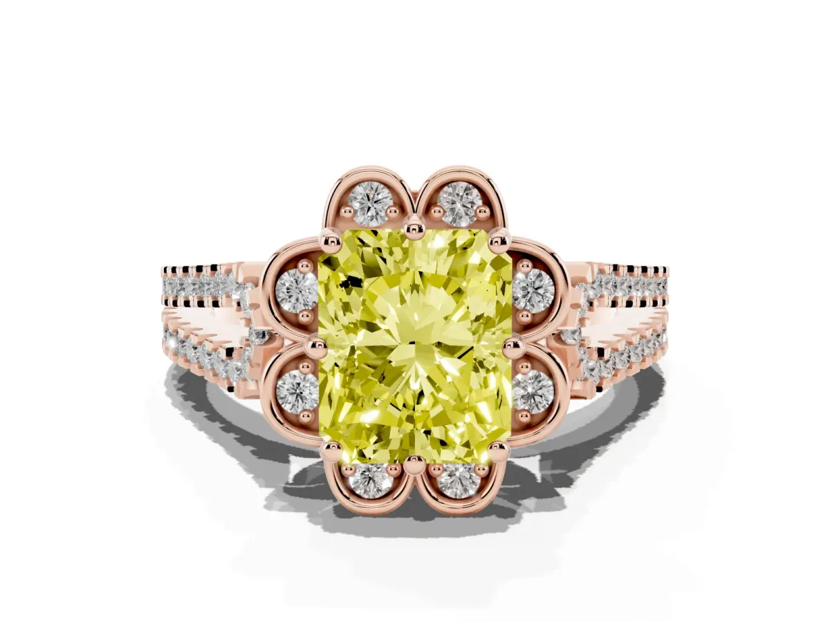 Fancy Yellow Radiant Cut Halo Diamond Floral Split Shank Engagement Ring Rose gold