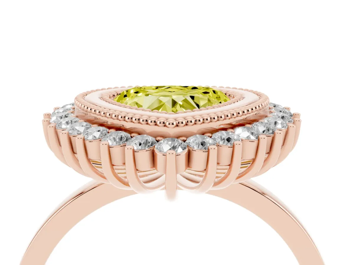 Fancy Yellow Heart Cut Halo Diamond Ring with Milgrain Edge and Round Prong Setting Rose gold