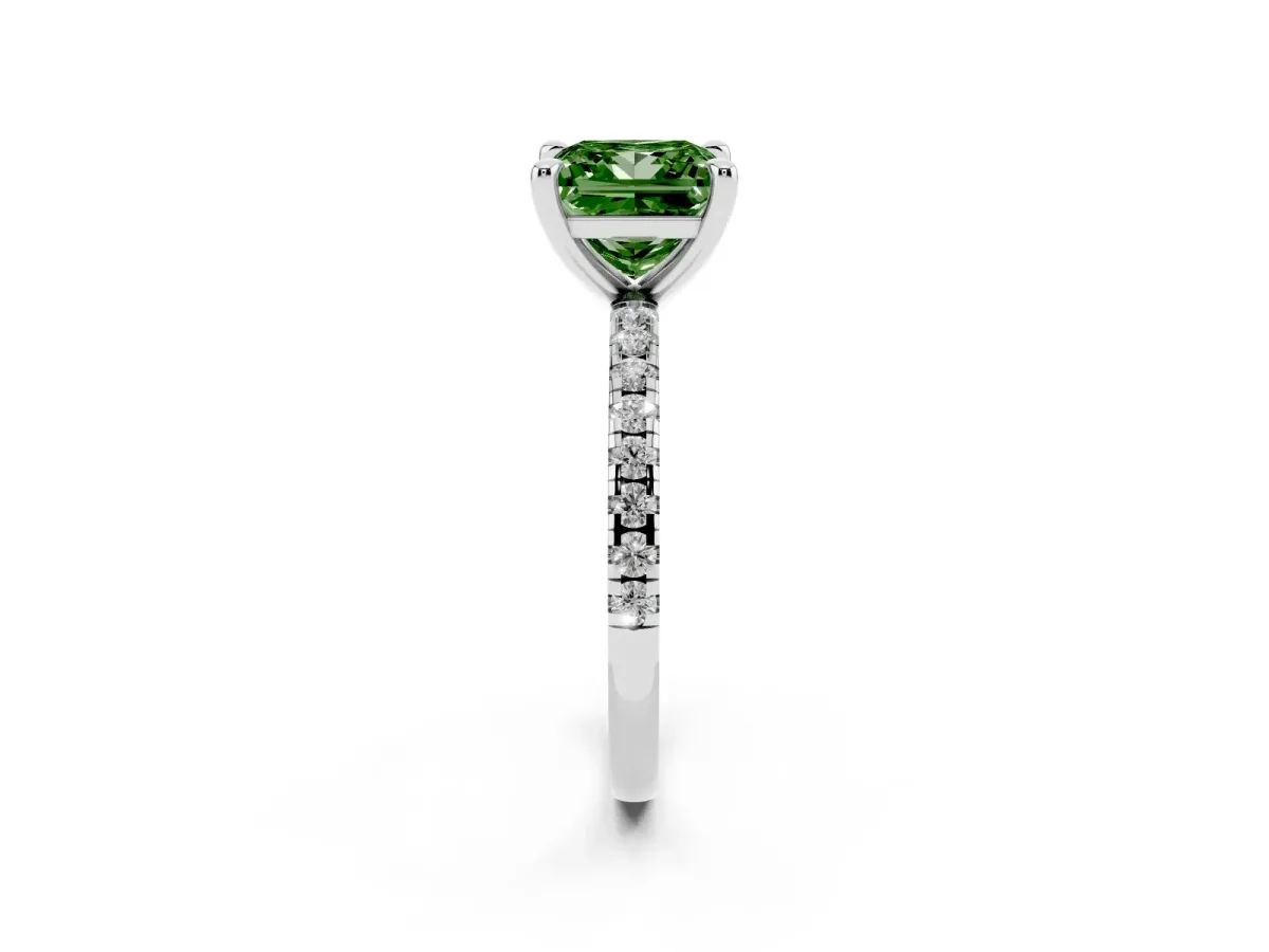 Fancy Green Princess Cut Diamond Brilliant Solitaire Ring with Pavé Band and Four-Prong Setting Platinum