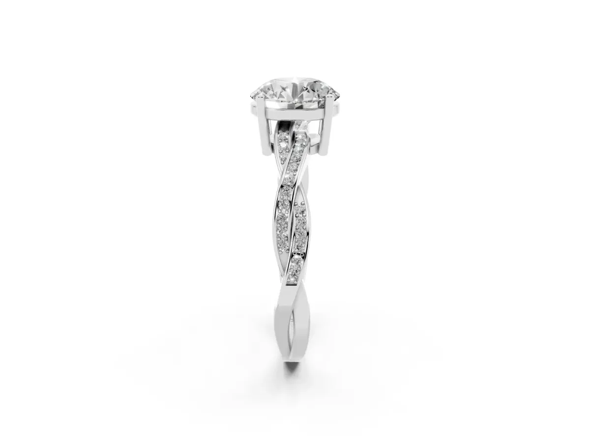 Round Cut Solitaire Twisted Pave Diamond Ring with Four-Prong Setting Platinum