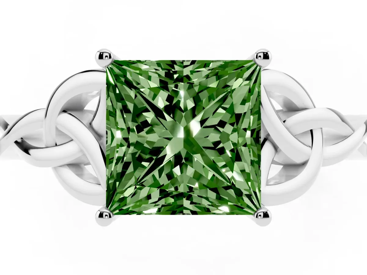 Fancy Green Princess Cut Diamond Solitaire Engagement Ring with Celtic Knot Band and Four-Prong Setting White gold