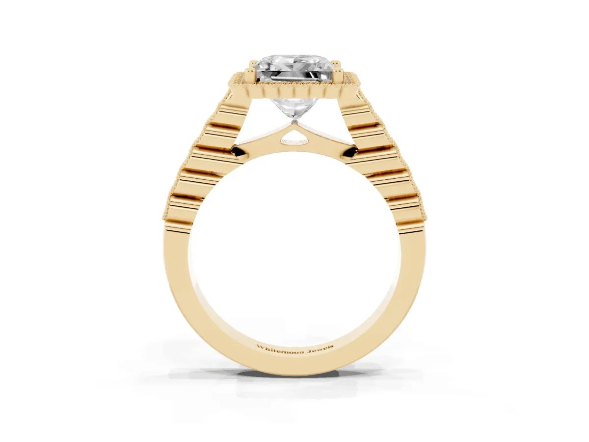 Princess Cut Cut Halo Pavé Solitaire Ring with Milgrain Band Yellow gold