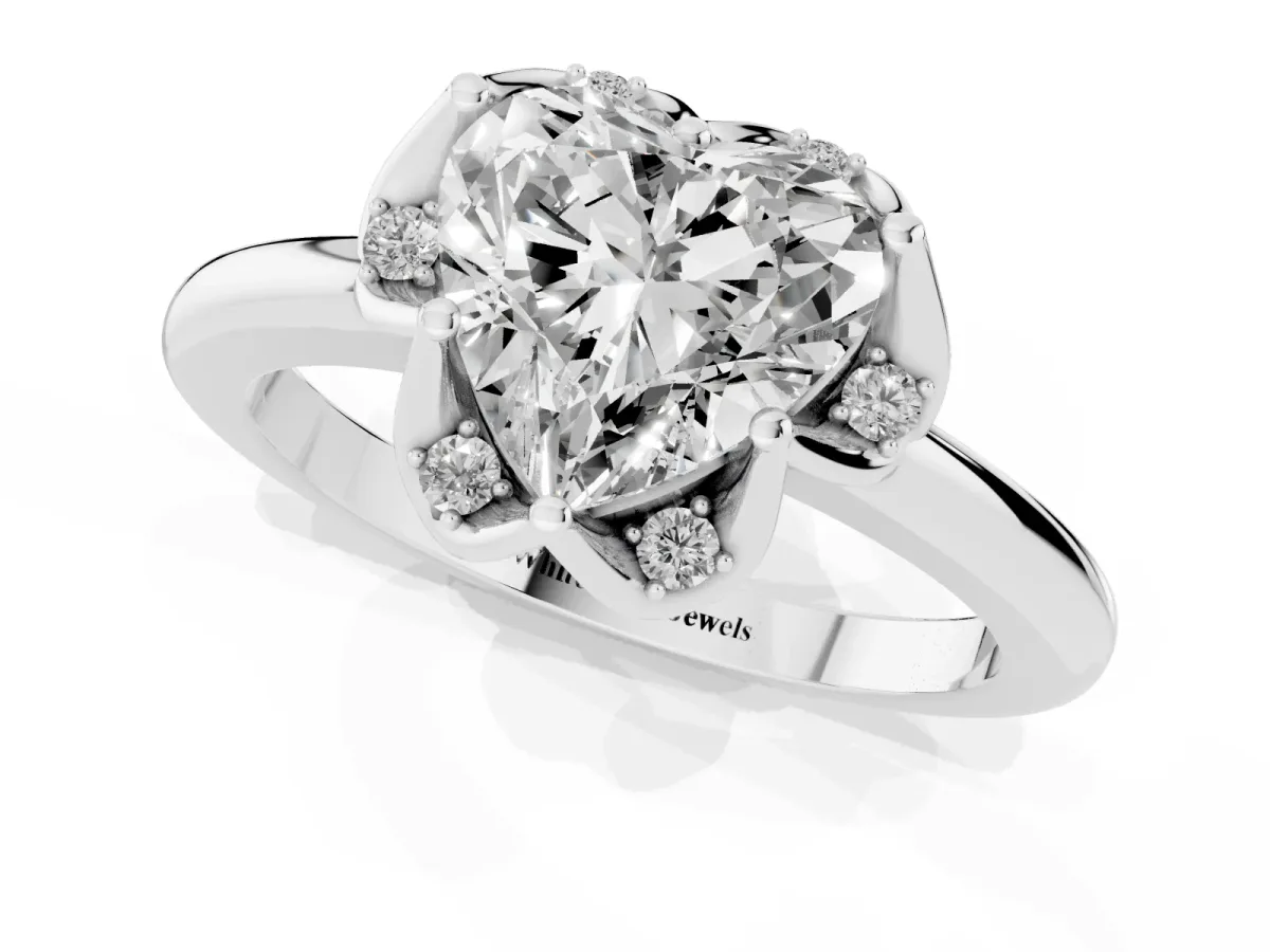 Heart Cut Halo Diamond Ring with Round Cluster Setting, Solitaire Band, and Four-Prong Setting Silver