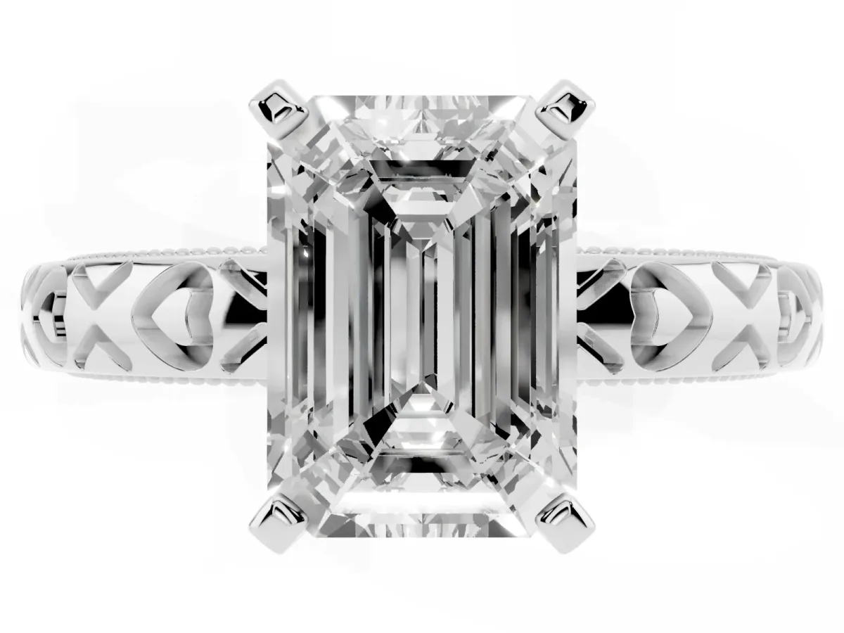 Emerald Cut Solitaire Diamond Engagement Ring with XO Engraved Band and Four-Prong Setting White gold