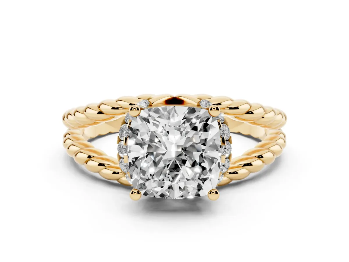 Cushion Cut Halo Twisted Band Four-Prong Ring Yellow gold
