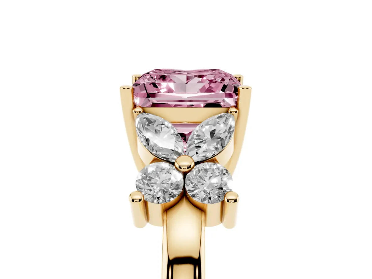 Fancy Pink Princess Cut Diamond Floral Cluster Ring with Solitaire Band and Prong Setting Yellow gold