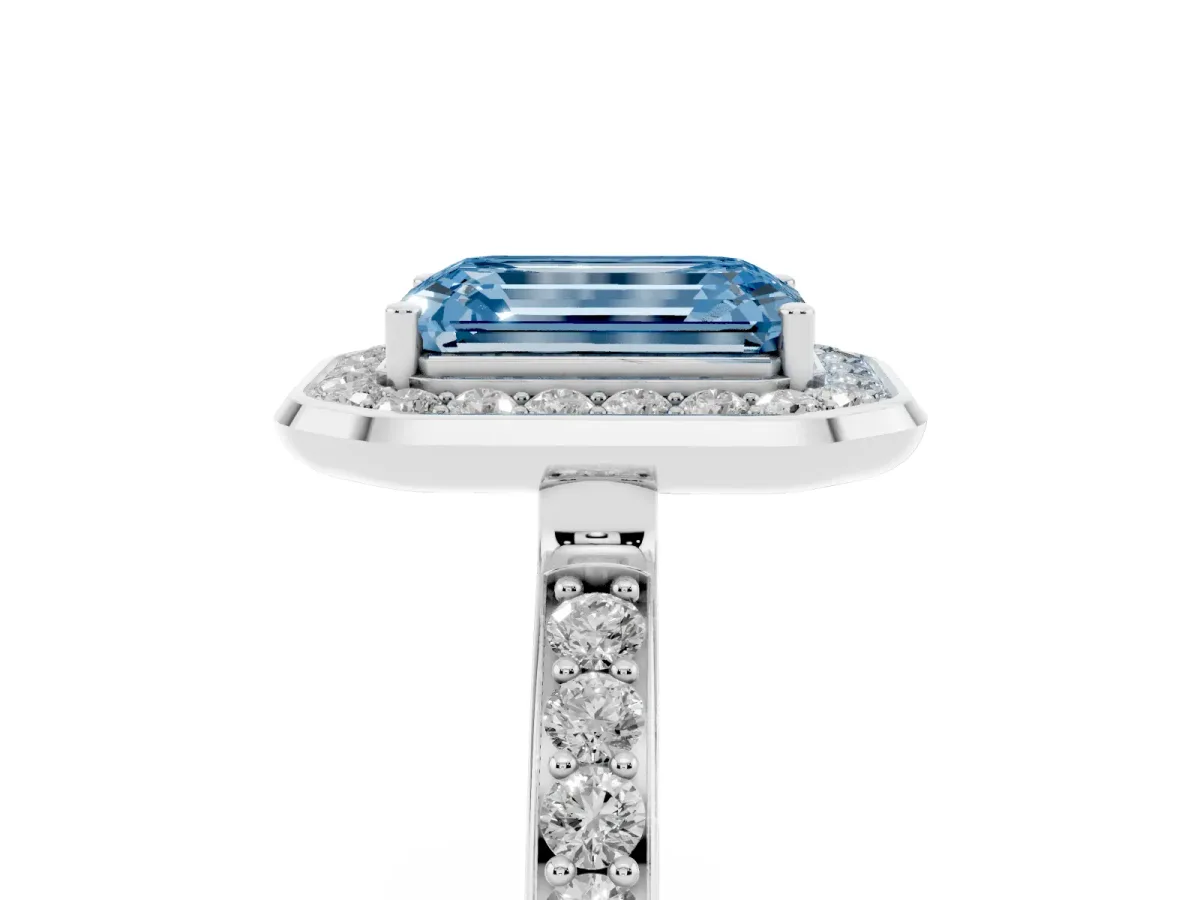 Fancy Blue Emerald Cut Diamond Halo Ring with Bezel Frame and Pavé Band Silver