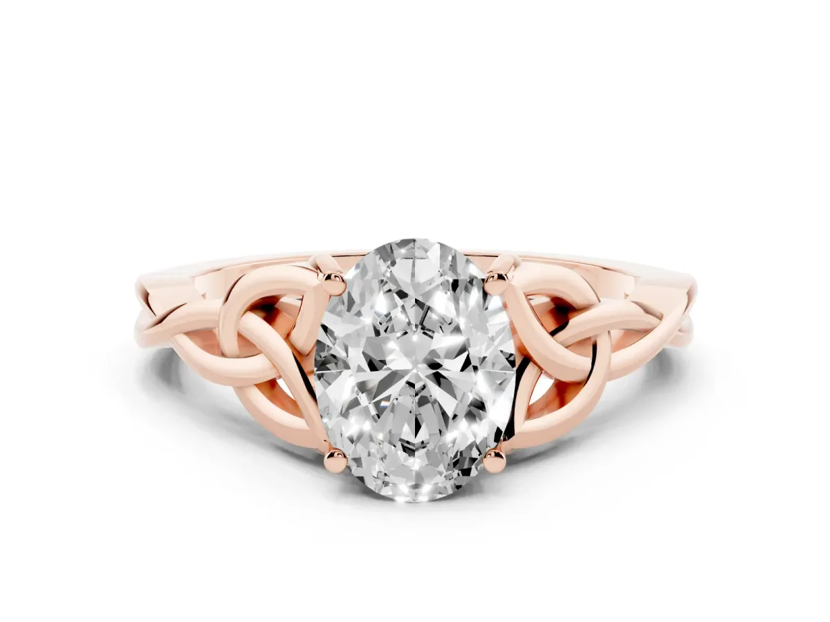 Oval Cut Diamond Solitaire Engagement Ring with Celtic Knot Band and Four-Prong Setting Rose gold
