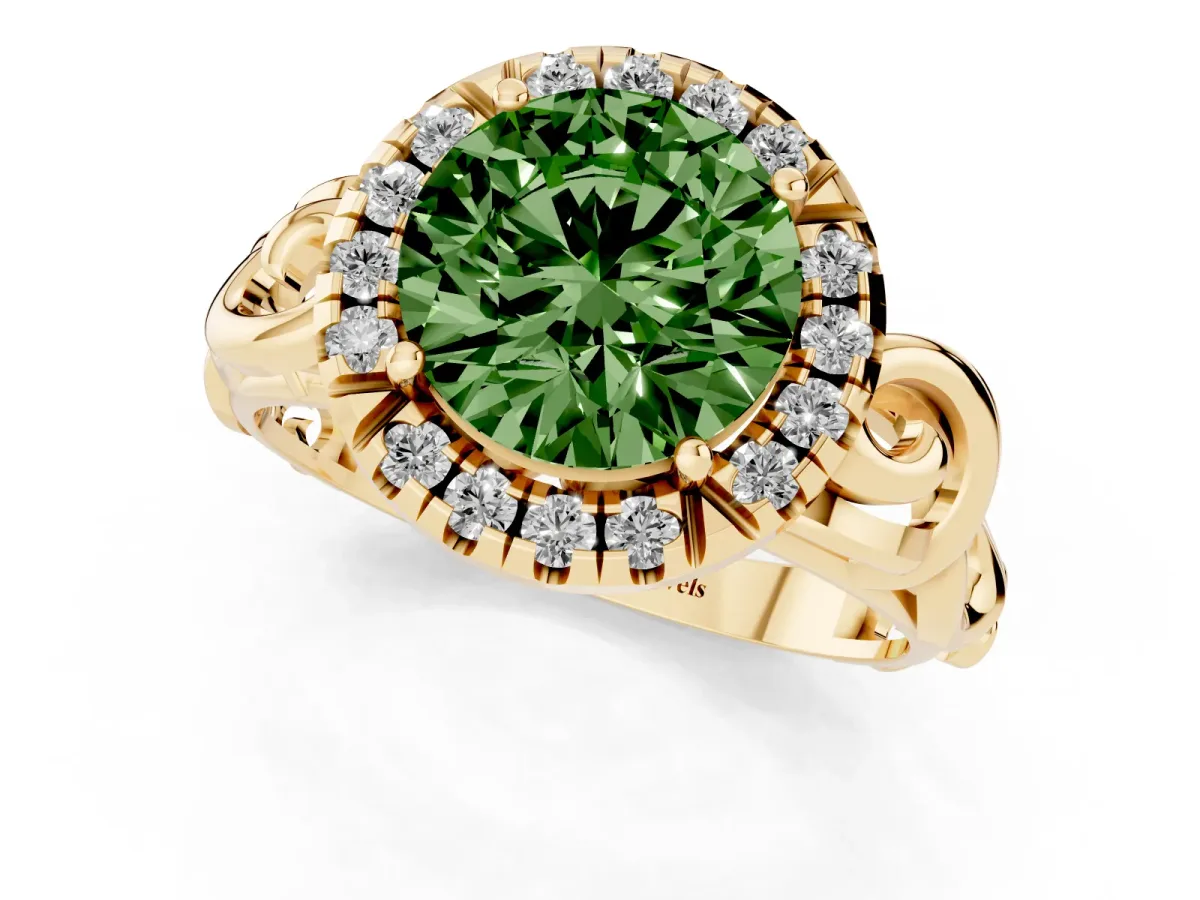 Fancy Green Round Cut Cut Halo Diamond Ring with Scrollwork Band and Four-Prong Setting Yellow gold