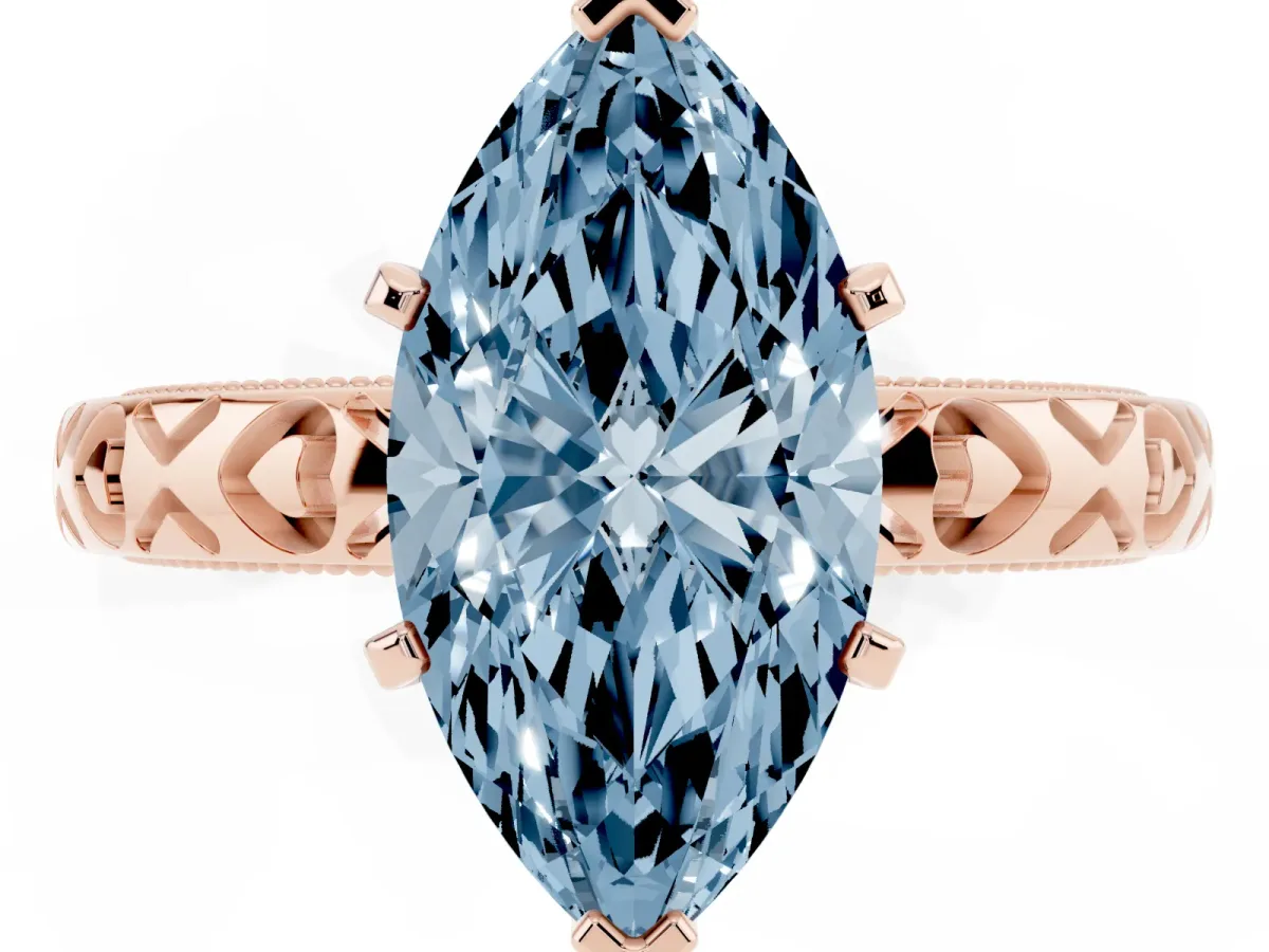 Fancy Blue Marquise Cut Solitaire Diamond Engagement Ring with XO Engraved Band and Four-Prong Setting Rose gold