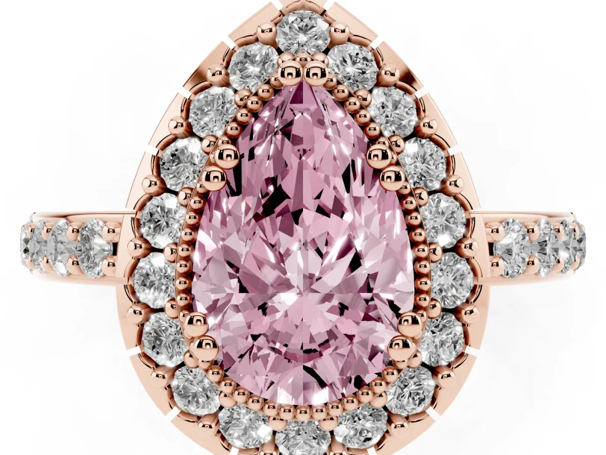Fancy Pink Pear Cut Diamond Halo Ring with Pavé Band and Prong Setting Rose gold