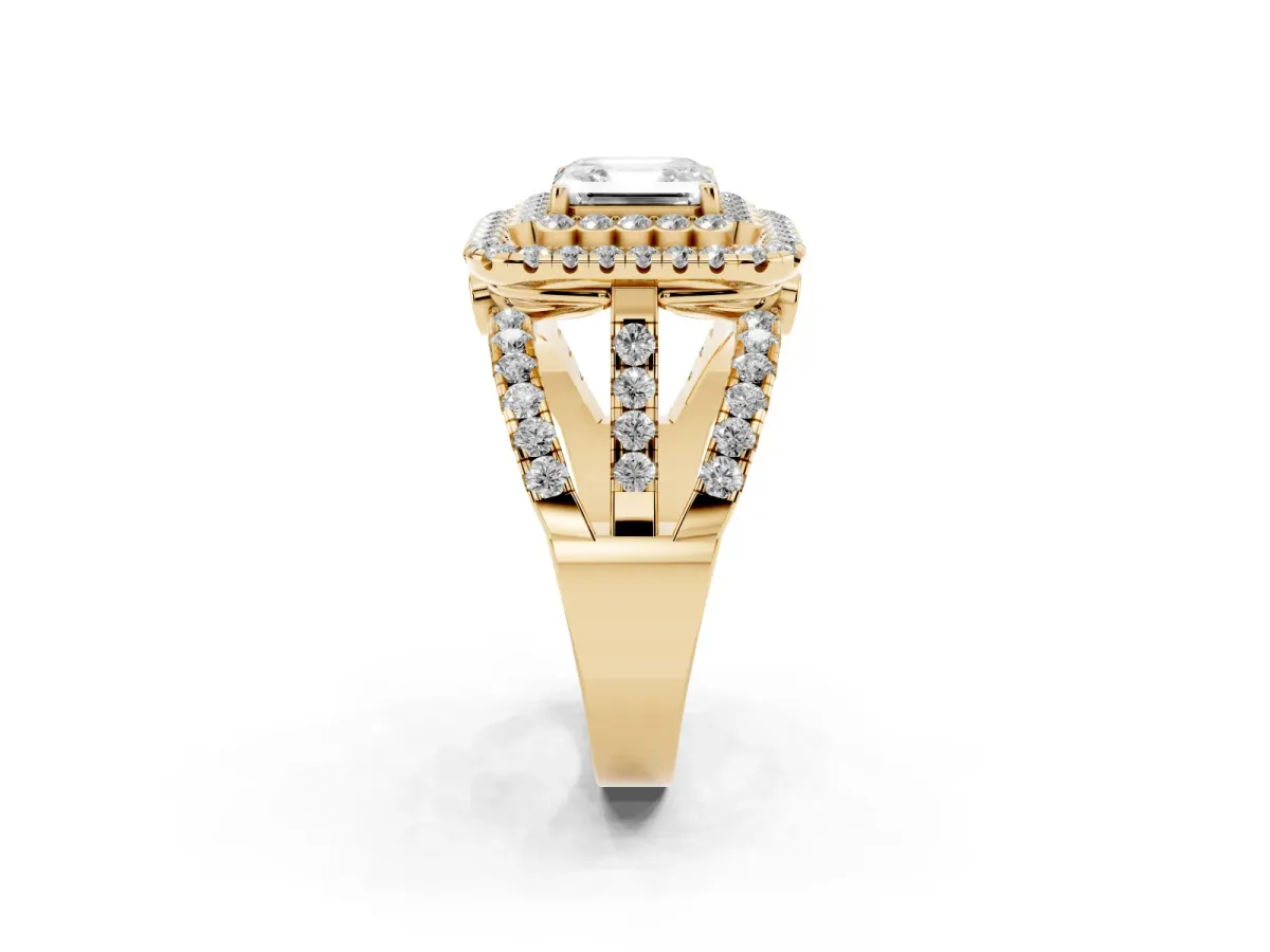 Asscher Cut Diamond Double Halo Ring with Round Pavé Split Shank and Prong Setting Yellow gold