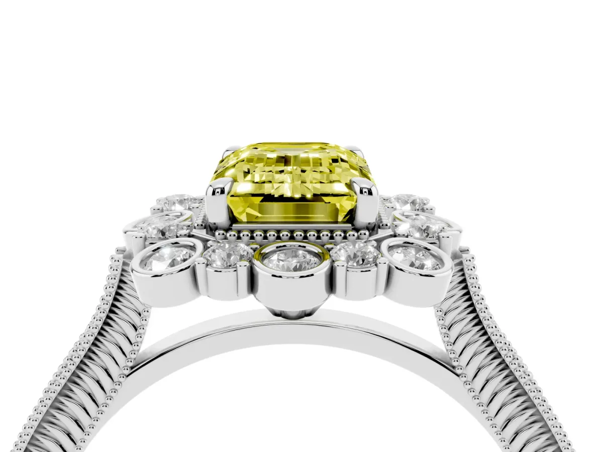 Fancy Yellow Emerald Cut Halo Milgrain Pave Diamond Ring with Four-Prong Setting Silver