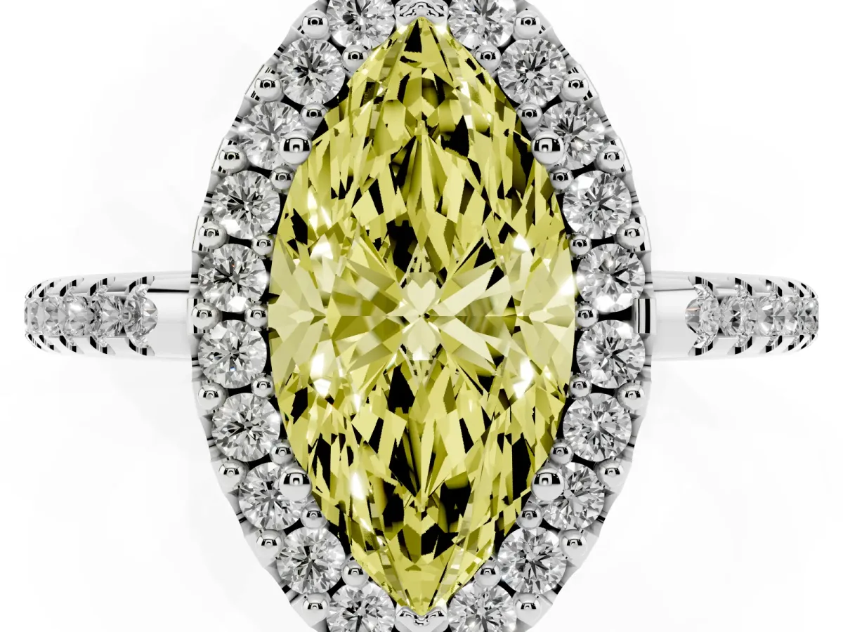 Fancy Yellow Marquise Cut Diamond Pavé Halo Ring with Four-Prong Setting Silver