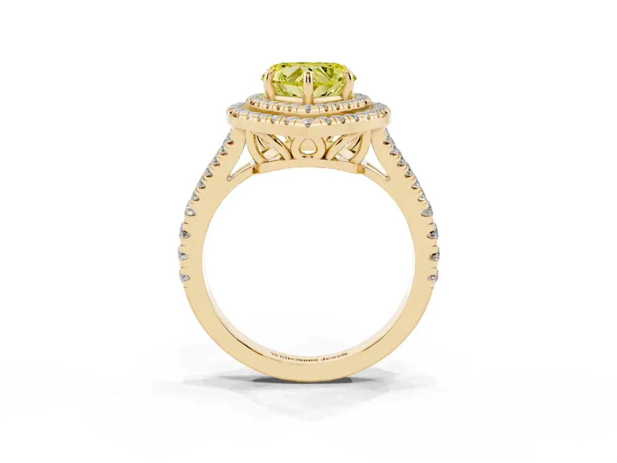Fancy Yellow Heart Cut Diamond Double Halo Ring with Pavé Band and Prong Setting Yellow gold