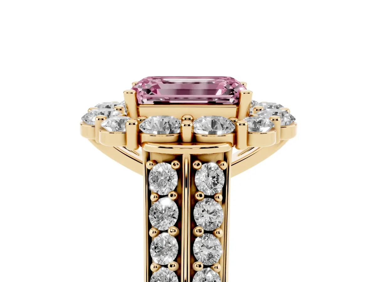 Fancy Pink Emerald Cut Halo Diamond Engagement Ring with Split Shank and Prong Setting Yellow gold