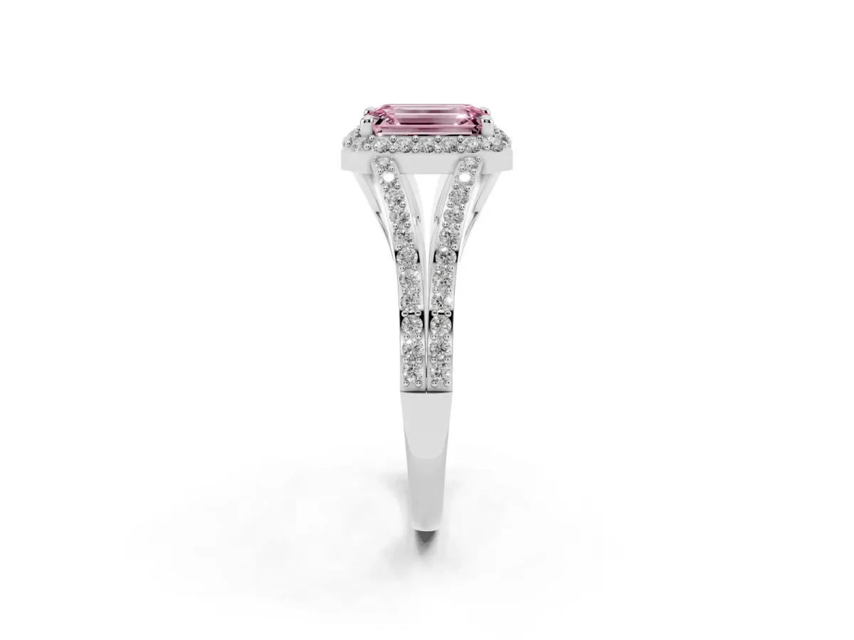 Fancy Pink Emerald Cut Halo Split Shank Pave Diamond Ring with Four-Prong Setting Silver