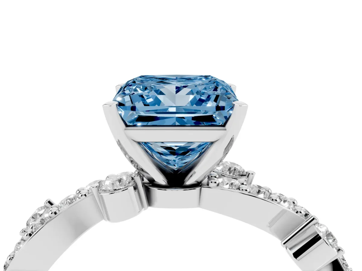 Fancy Blue Princess Cut Cut Solitaire Diamond Twisted Band with Pave Setting Silver