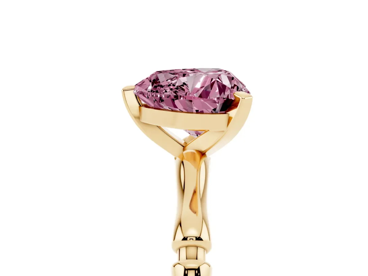 Fancy Pink Heart Cut Solitaire Diamond Ring with Bamboo Band and Four-Prong Setting Yellow gold