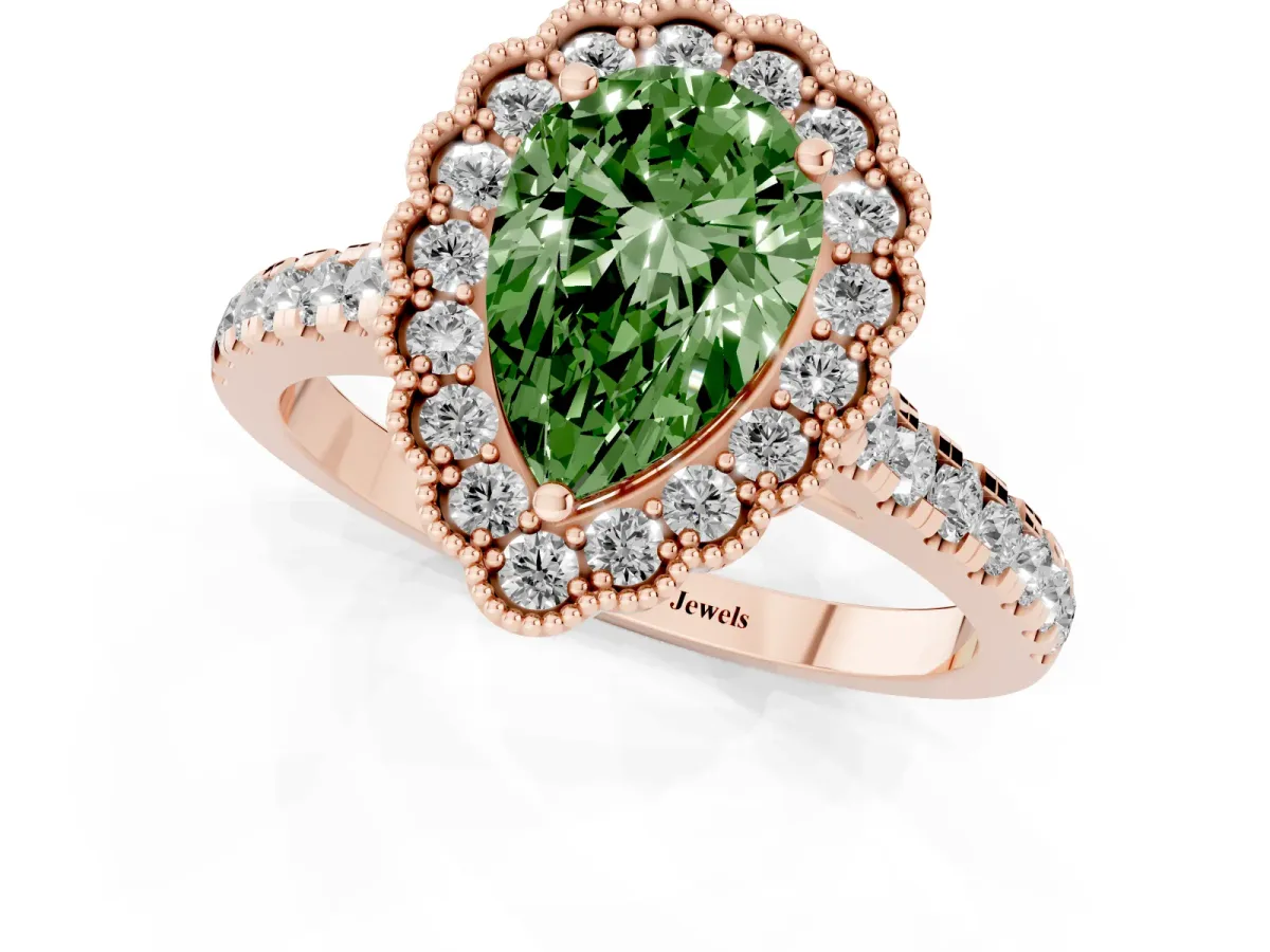 Fancy Green Pear Cut Cut Diamond Milgrain Floral Halo Engagement Ring with Pavé Band Rose gold