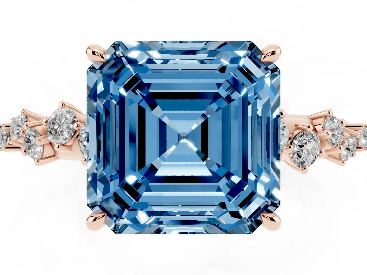 Fancy Blue Asscher Cut Diamond Cluster Side Stone Solitaire Ring with Prong Setting Rose gold