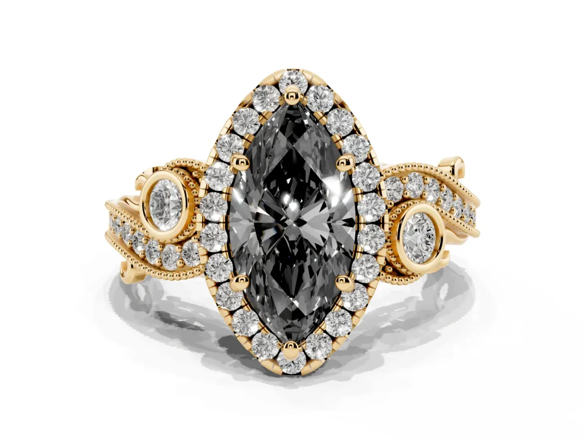 Fancy Black Marquise Cut Halo Diamond Ring with Milgrain and Bezel Accents on a Split Shank Band Yellow gold
