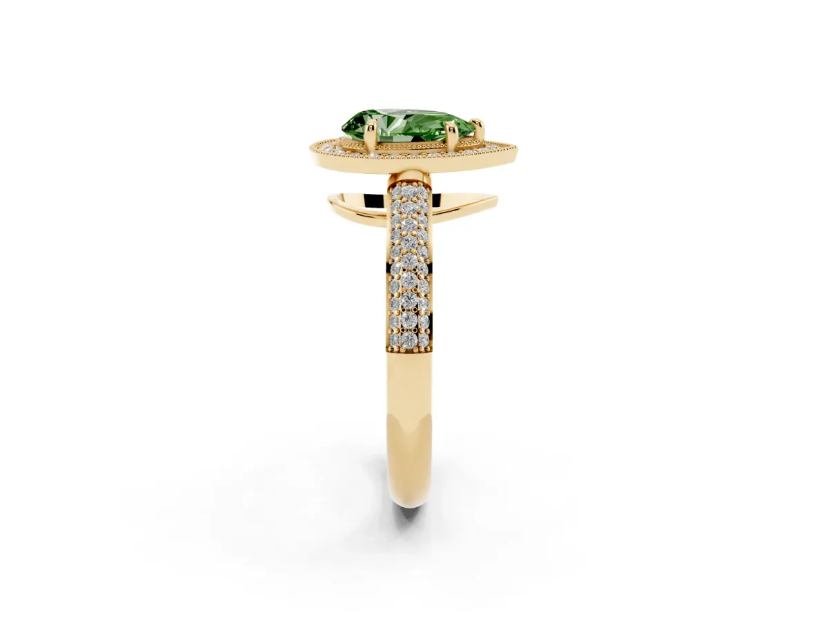 Fancy Green Pear Cut Cut Halo Diamond Pave Band with Four-Prong Setting Yellow gold