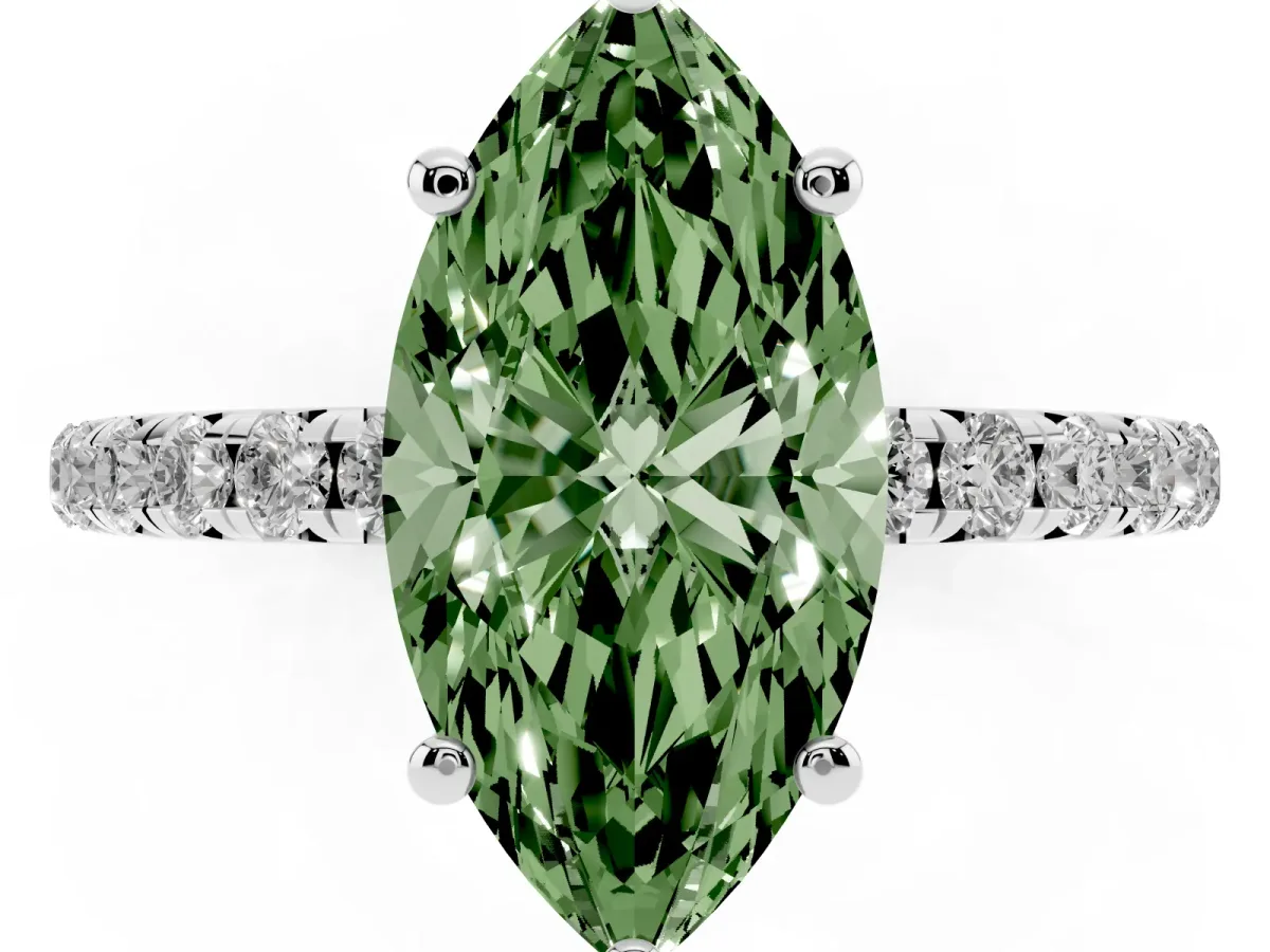 Fancy Green Marquise Cut Cut Diamond Solitaire Ring with Micro Pave Band and Four Prong Setting Silver