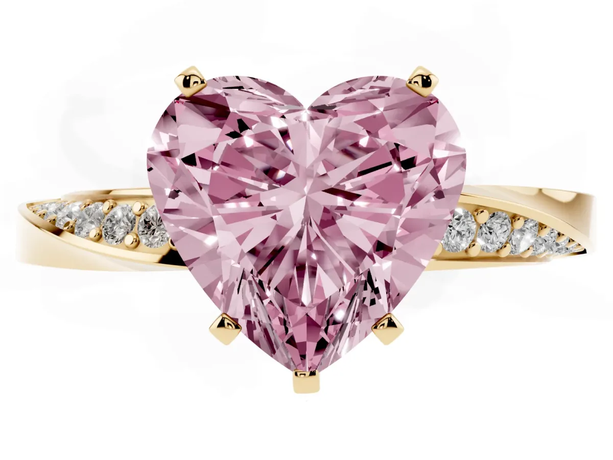 Fancy Pink Heart Cut Diamond Engagement Ring with Side Stone Accents and Four-Prong Setting Yellow gold