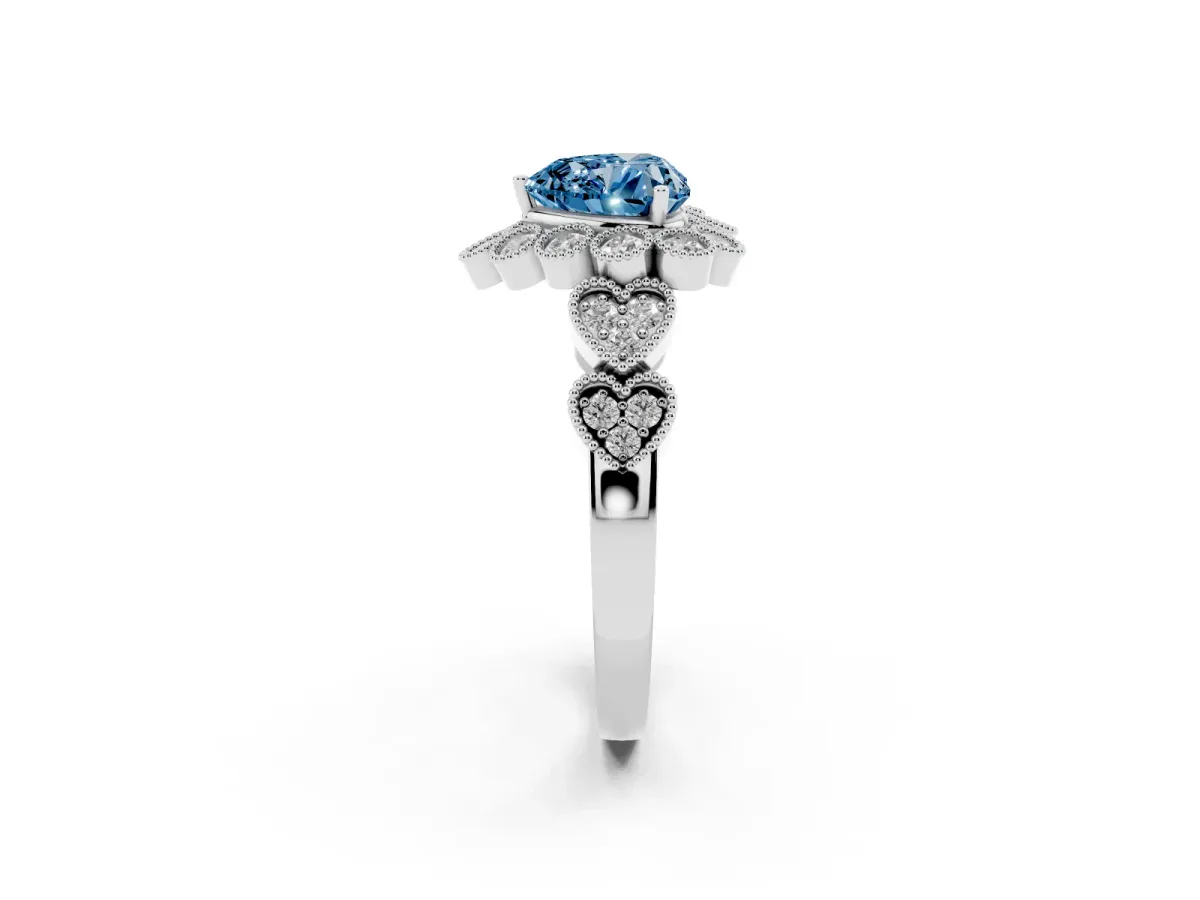 Fancy Blue Heart Cut Brilliant Milgrain Pave Heart Band Solitaire Ring White gold
