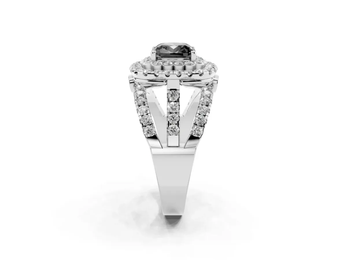 Fancy Black Cushion Cut Diamond Double Halo Ring with Round Pavé Split Shank and Prong Setting Silver