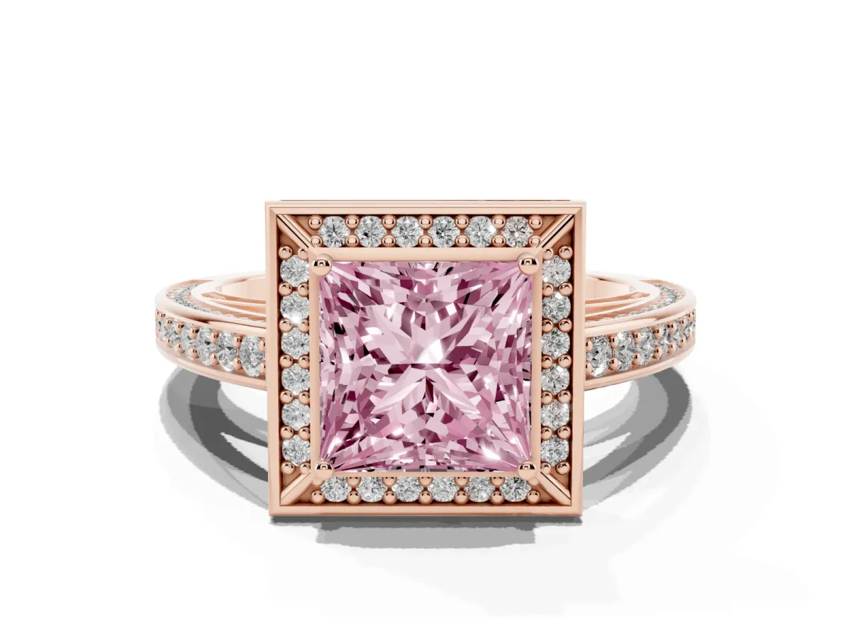 Fancy Pink Princess Cut Cut Halo Pave Split Shank Prong Setting Ring Rose gold