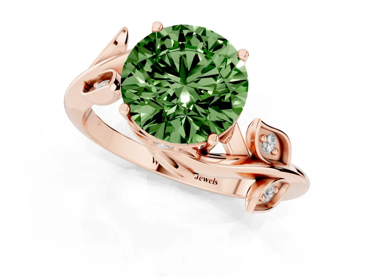 Fancy Green Round Cut Solitaire Twist Engagement Ring with Leaf Accents and Prong Setting Rose gold