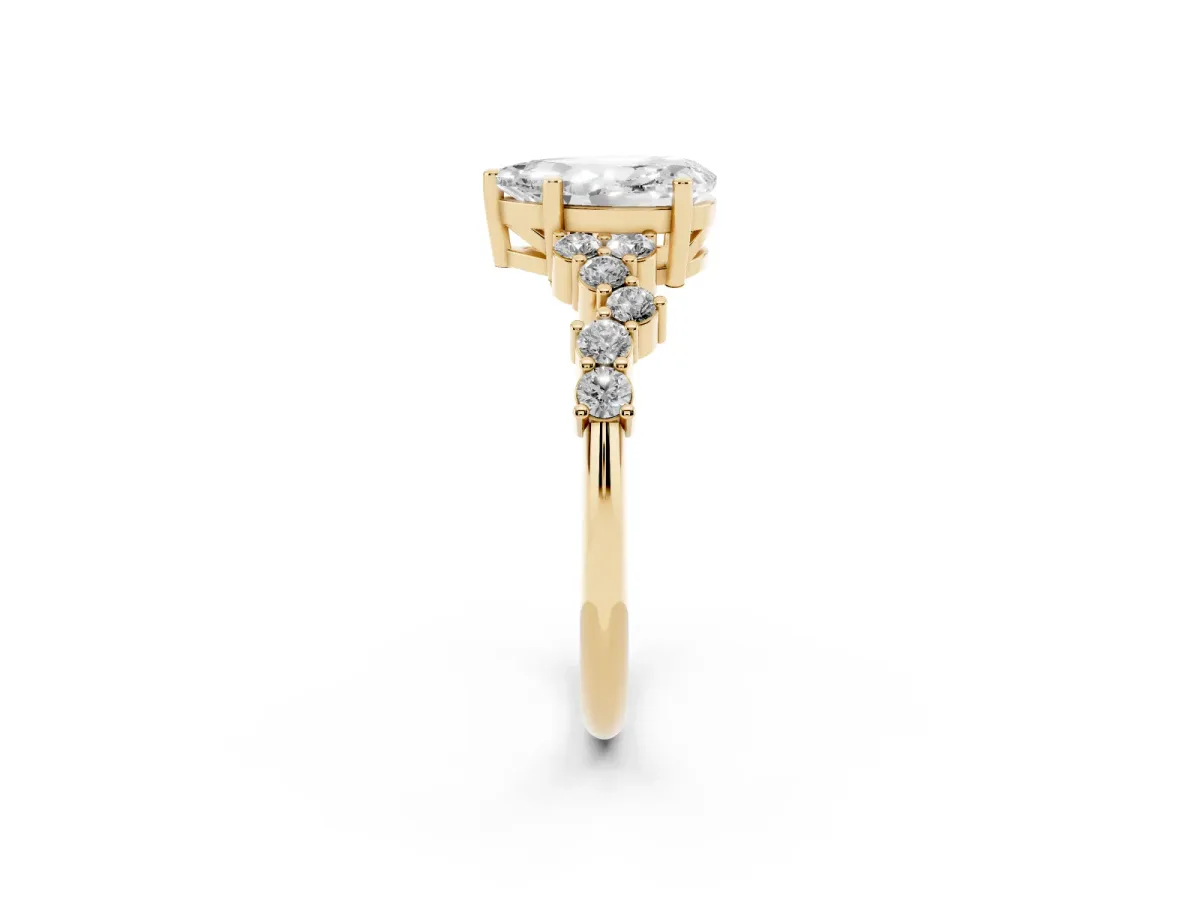 Pear Cut Diamond Scattered Round Accent Ring with Prong Setting Yellow gold