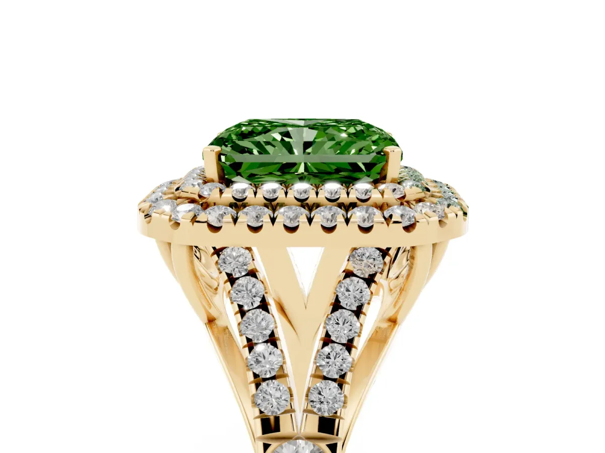 Fancy Green Radiant Cut Diamond Double Halo Ring with Split Shank and Prong Setting Yellow gold