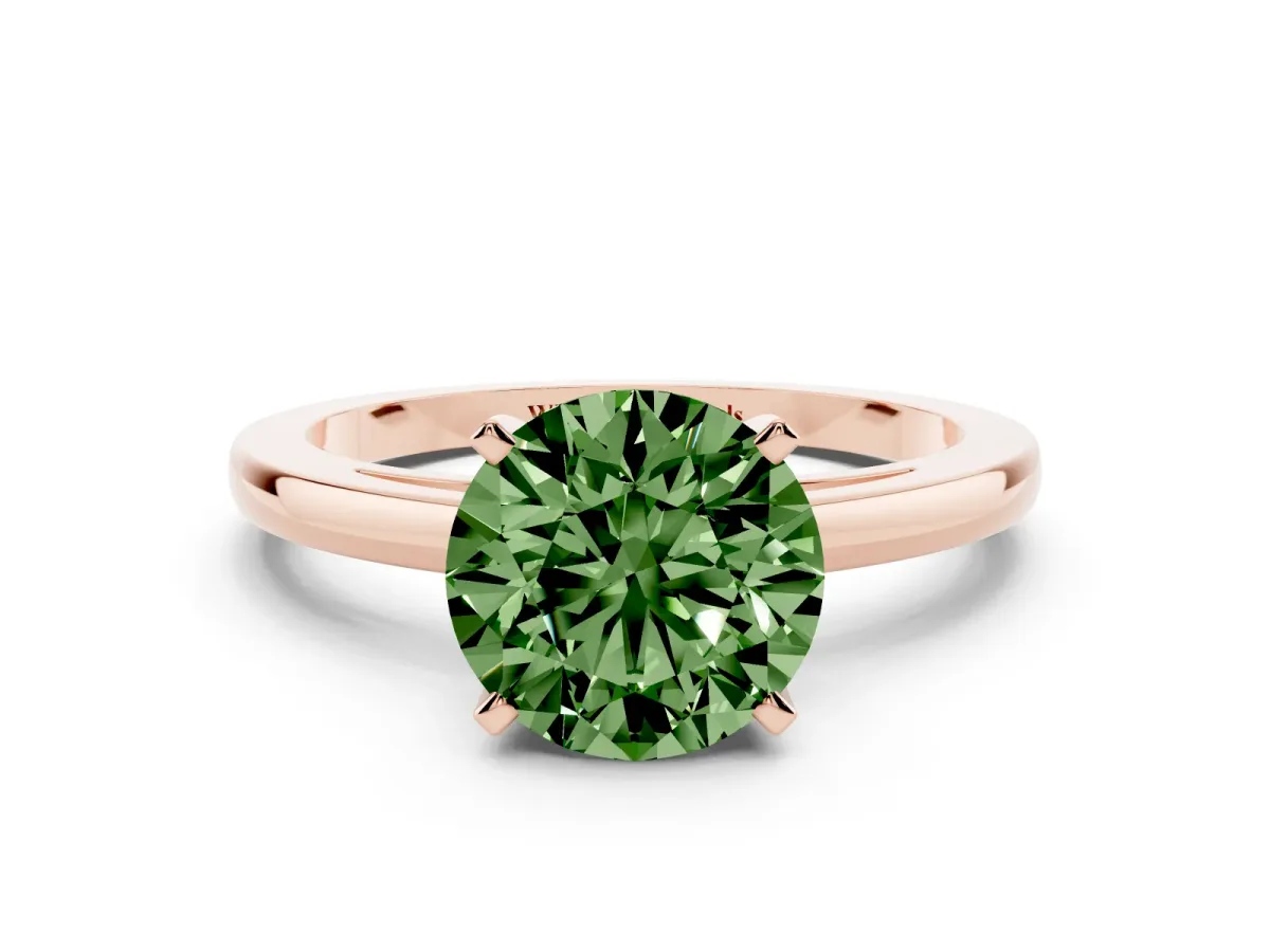 Fancy Green Round Cut Solitaire Diamond Engagement Ring with Four-Prong Setting on a Classic Band Rose gold