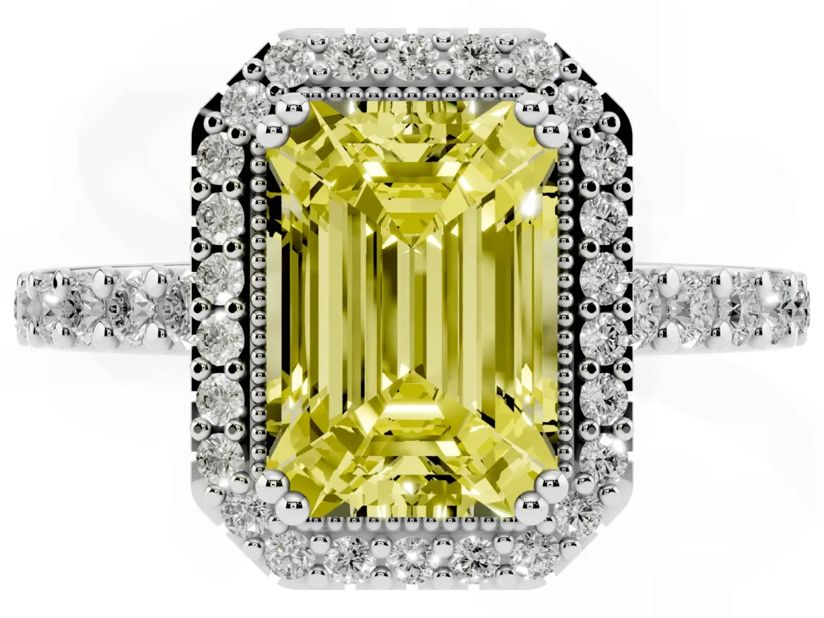 Fancy Yellow Emerald Cut Cut Diamond Halo Engagement Ring with Milgrain Detail and Pavé Band Silver