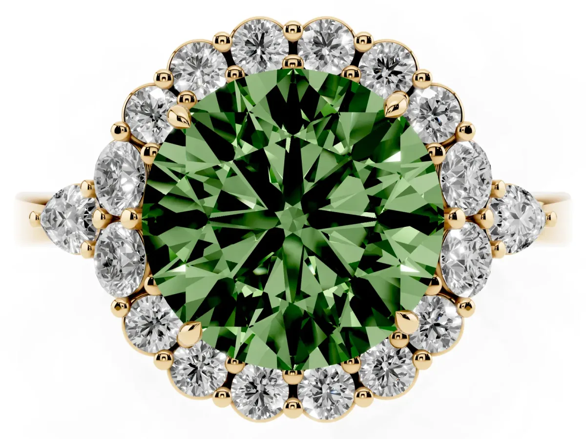 Fancy Green Round Cut Diamond Halo Ring with Pear Side Stones and Prong Setting Yellow gold
