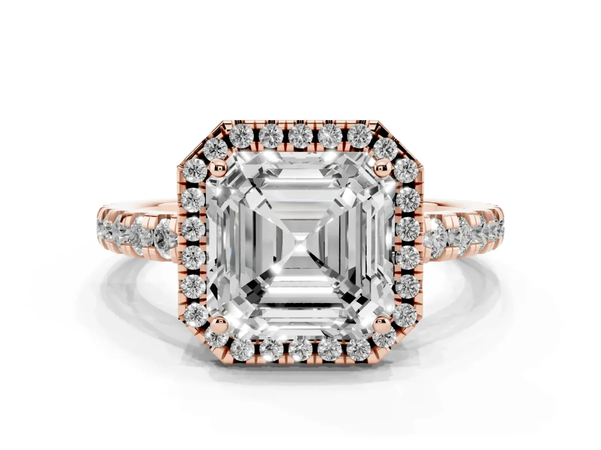 Asscher Cut Diamond Halo Ring with Pavé Band and Four-Prong Setting Rose gold