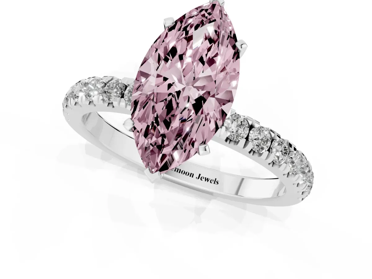 Fancy Pink Marquise Cut Diamond Solitaire Ring with Pavé Accents and Four-Prong Setting Silver