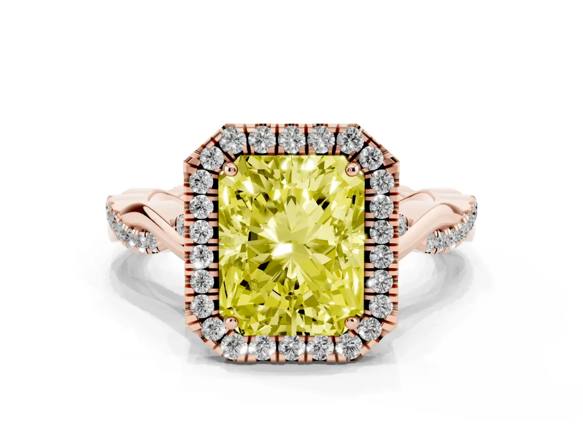 Fancy Yellow Radiant Cut Halo Twist Band Solitaire Ring Rose gold