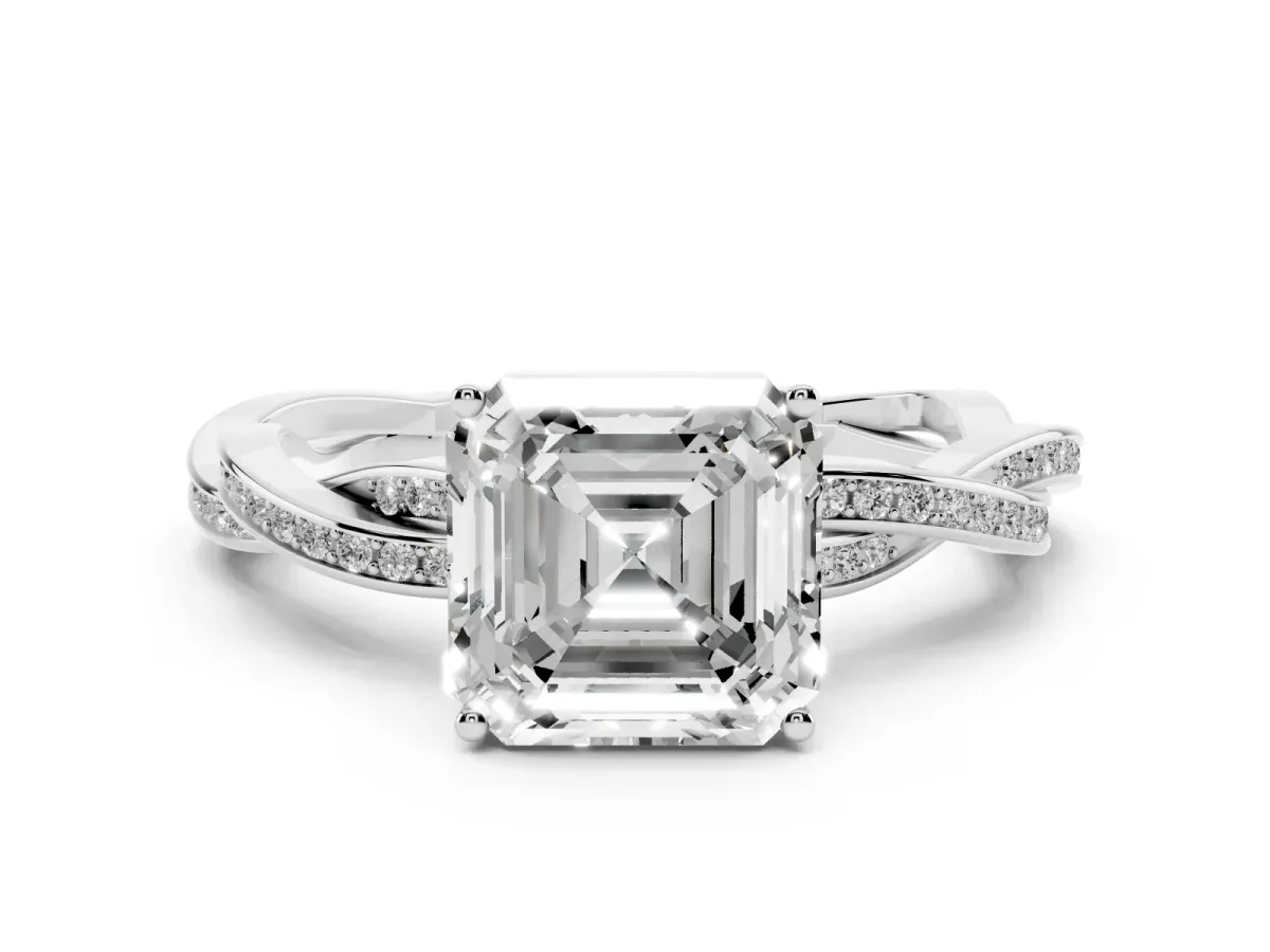 Asscher Cut Solitaire Twisted Pave Diamond Ring with Four-Prong Setting Platinum
