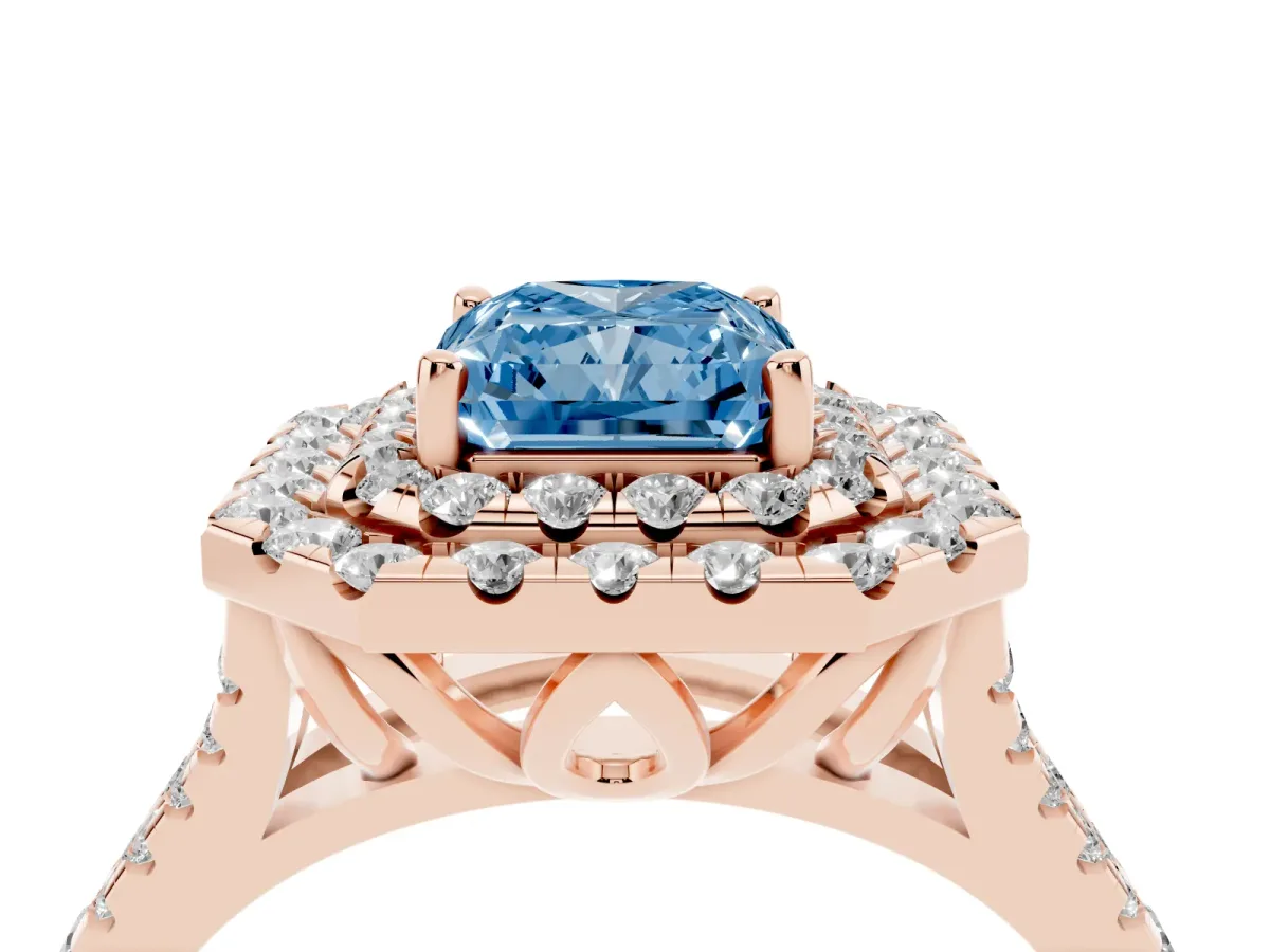 Fancy Blue Double Halo Radiant Cut Diamond Pavé Split Shank Ring with Prong Setting Rose gold