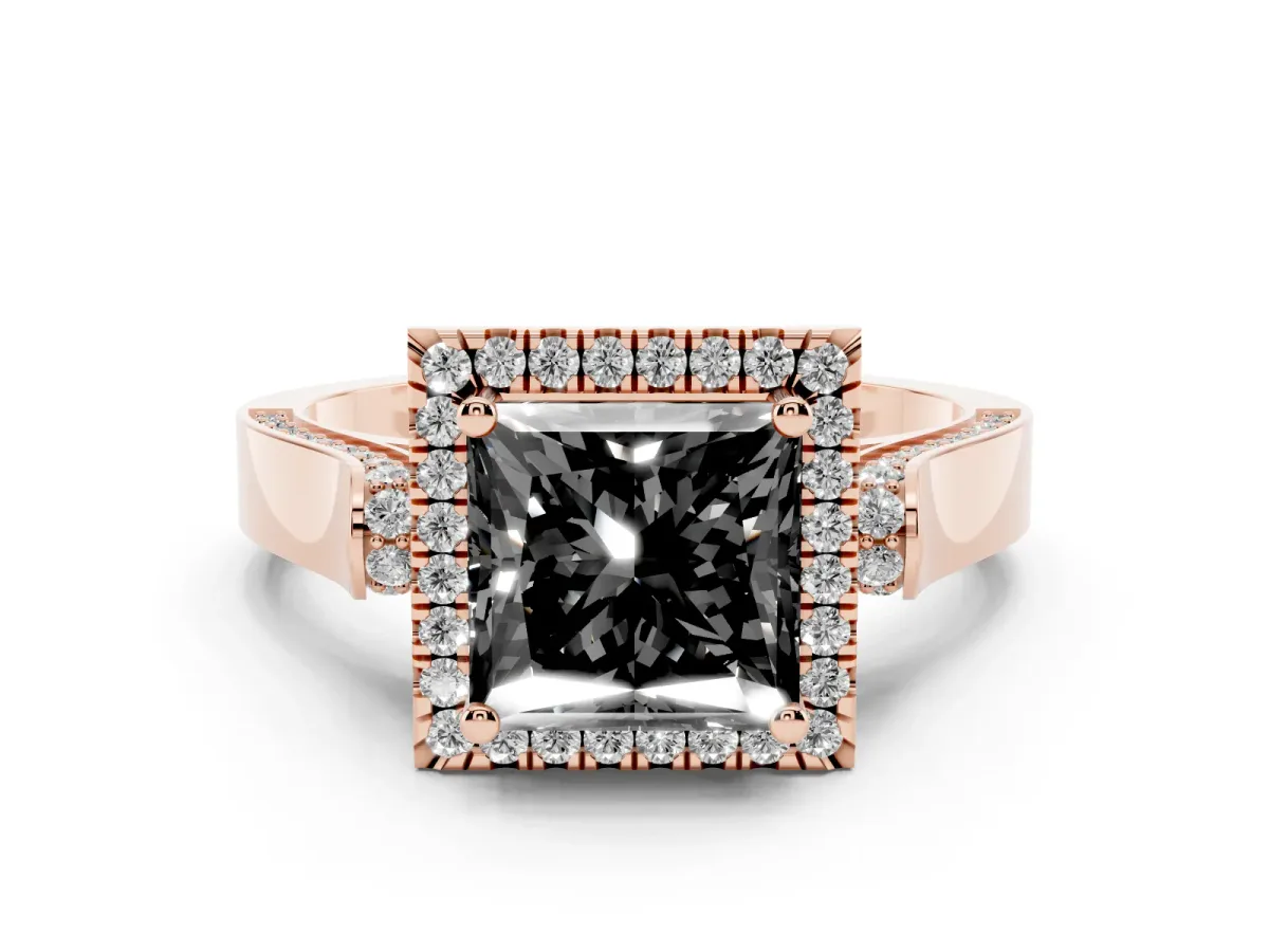 Fancy Black Princess Cut Halo Round Diamond Twist Band with Four-Prong Setting Rose gold