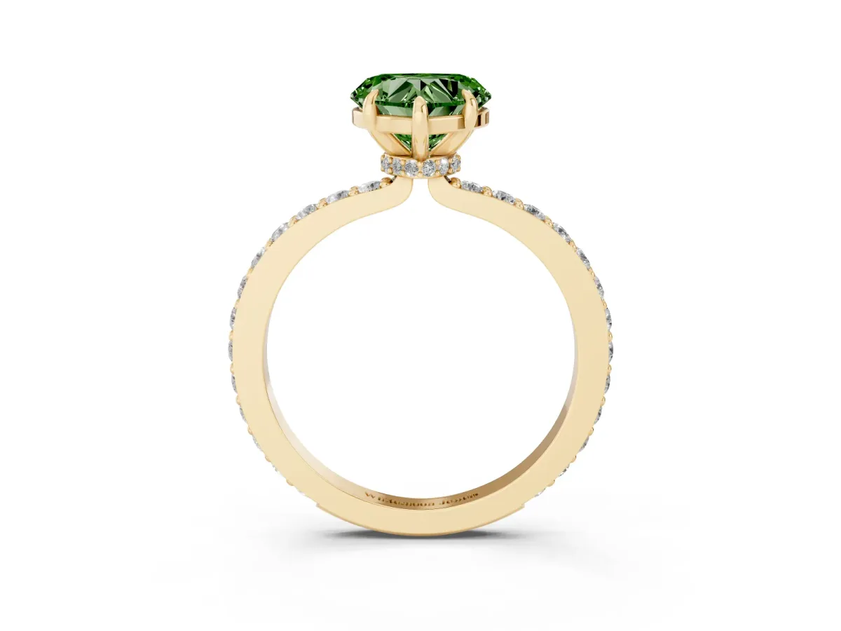 Fancy Green Heart Cut Diamond Pavé Engagement Ring with Round Accents and Prong Setting Yellow gold